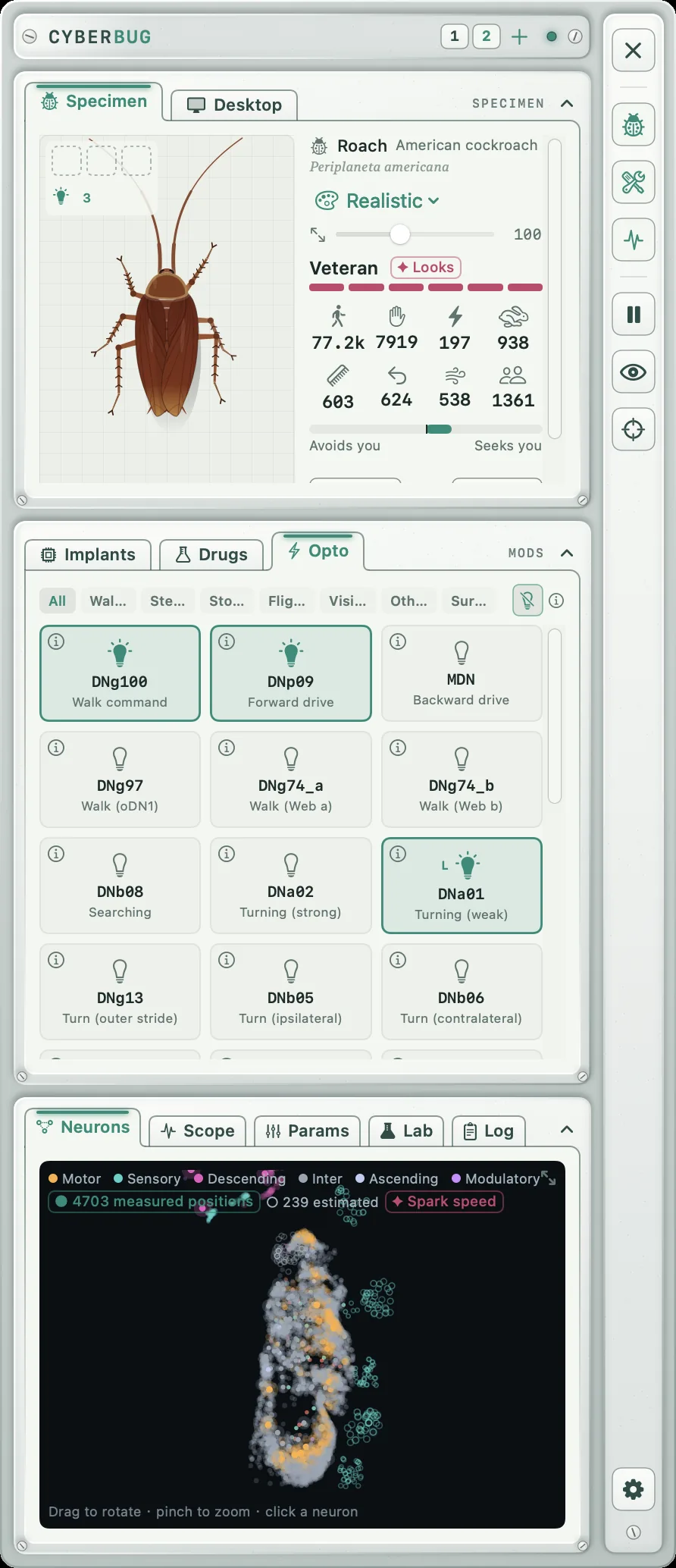 CyberBug workbench: specimen, optogenetics cards, neural graph